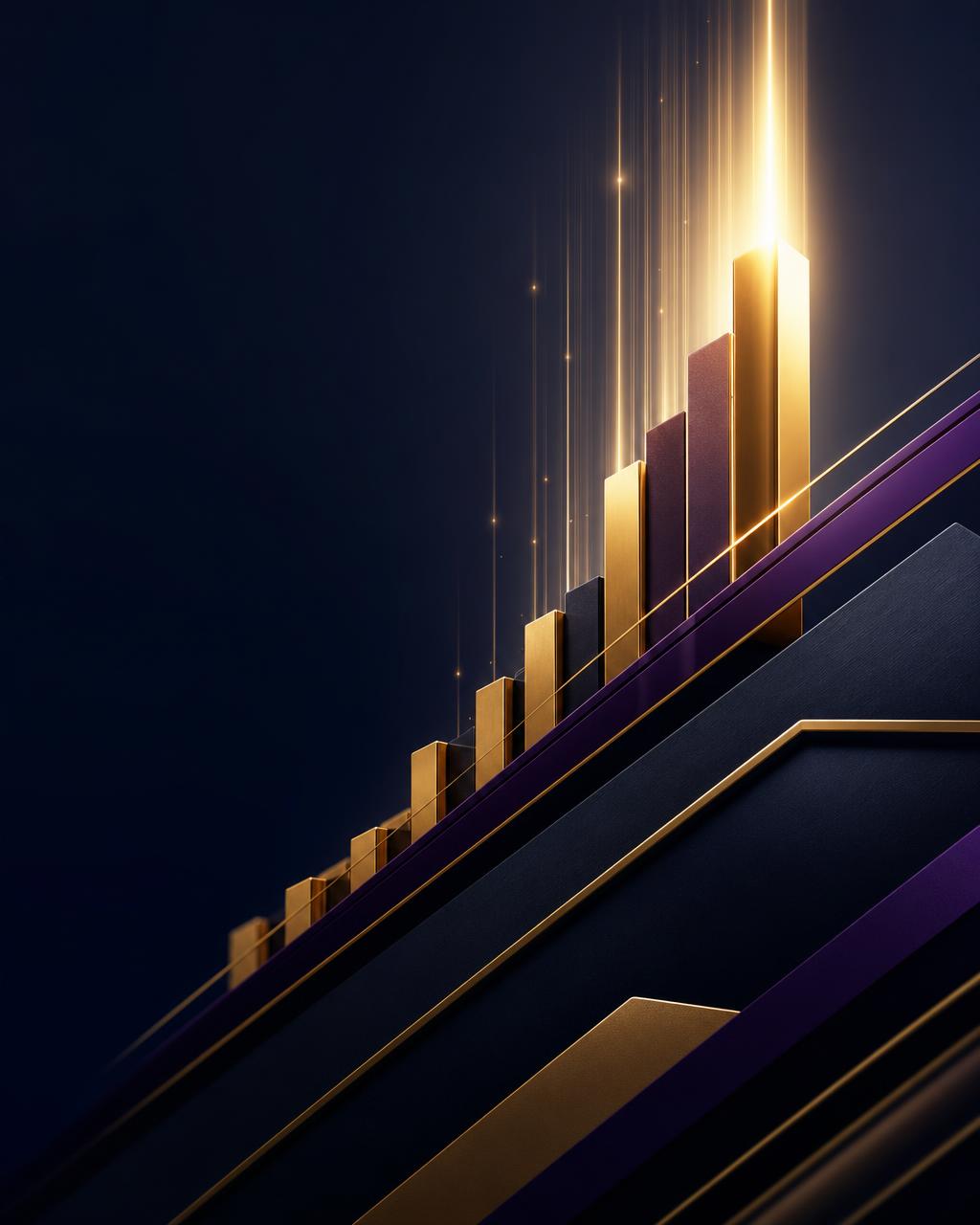 Abstract visualization of business growth with rising golden and plum forms against a deep navy background